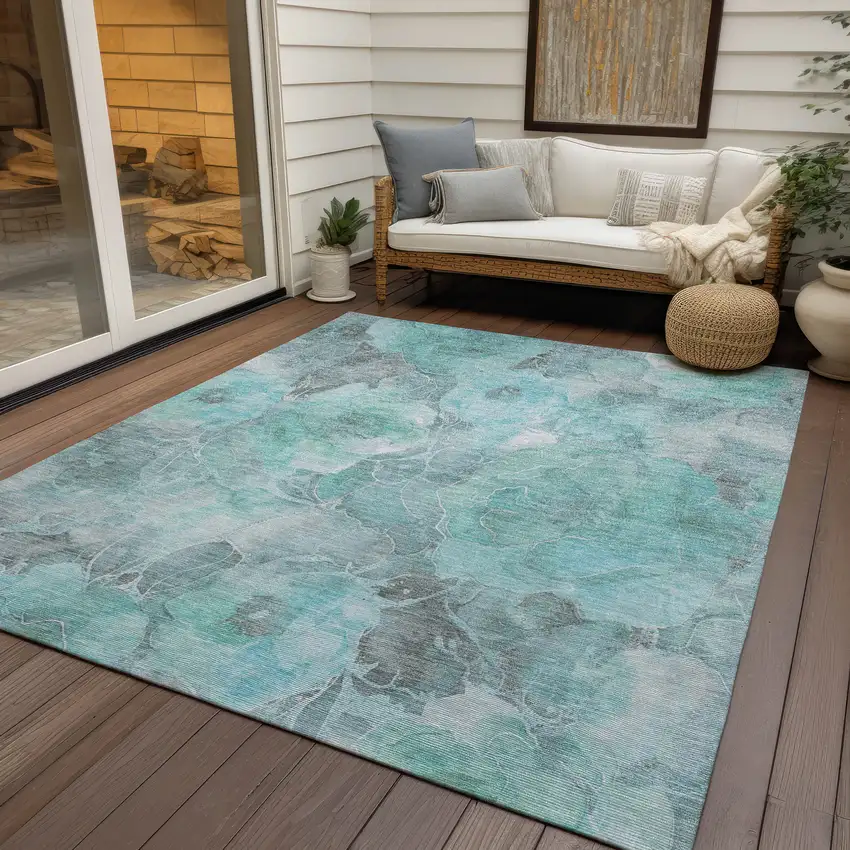 Teal Blue And Gray Floral Washable Indoor Outdoor Area Rug Photo 5