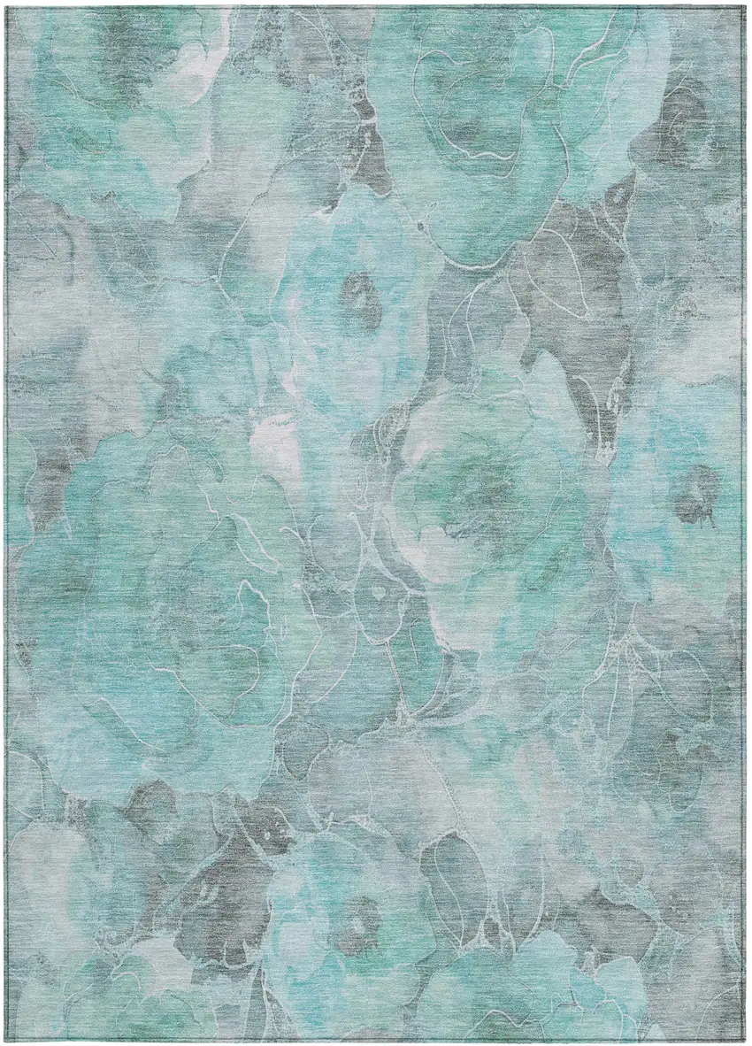 Teal Blue And Gray Floral Washable Indoor Outdoor Area Rug Photo 4