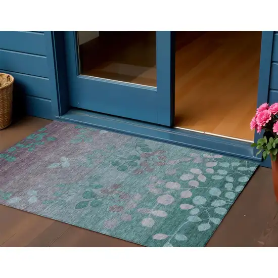 Teal Blue And Gray Floral Washable Indoor Outdoor Area Rug Photo 2