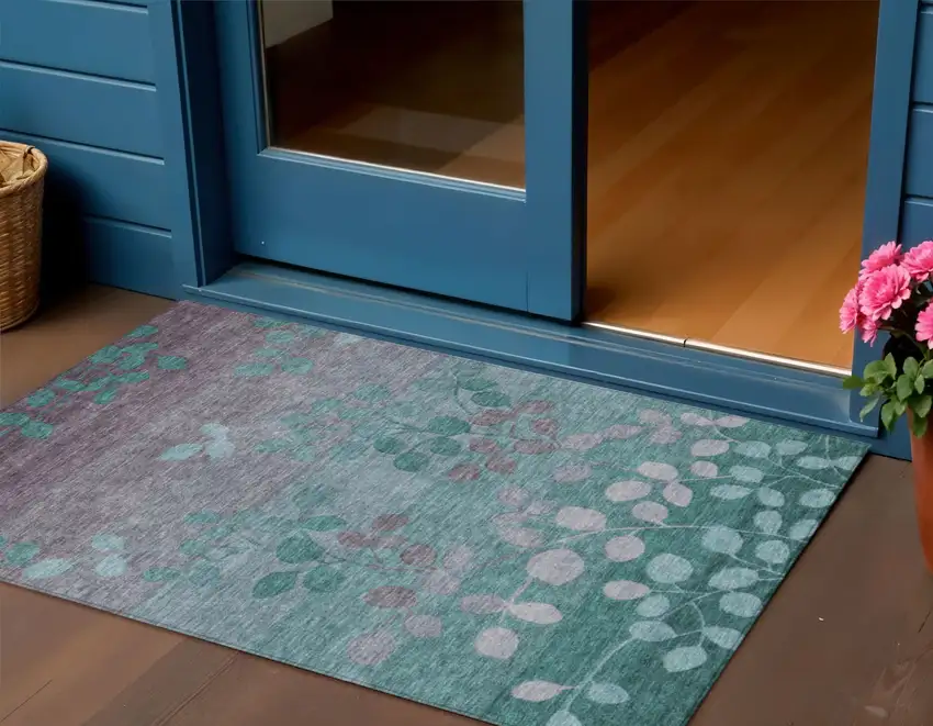 Teal Blue And Gray Floral Washable Indoor Outdoor Area Rug Photo 2