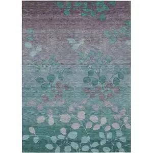 Photo of Teal Blue And Gray Floral Washable Indoor Outdoor Area Rug