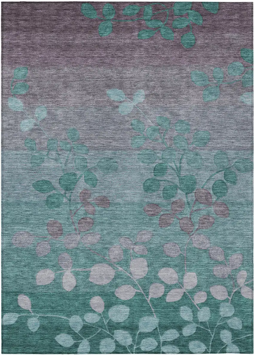 Teal Blue And Gray Floral Washable Indoor Outdoor Area Rug Photo 1