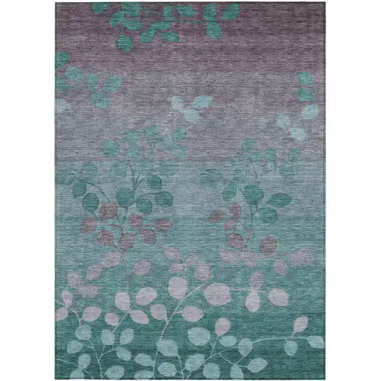 Teal Blue And Gray Floral Washable Indoor Outdoor Area Rug Photo 4