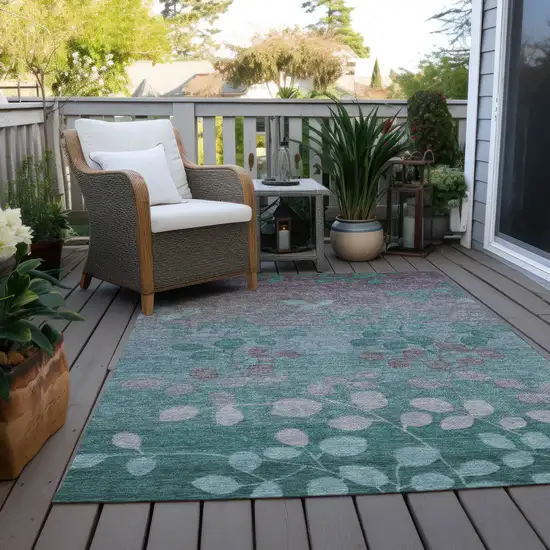 Teal Blue And Gray Floral Washable Indoor Outdoor Area Rug Photo 5