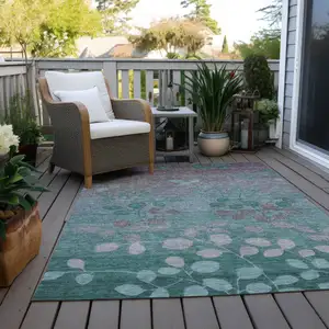 Photo of Teal Blue And Gray Floral Washable Indoor Outdoor Area Rug