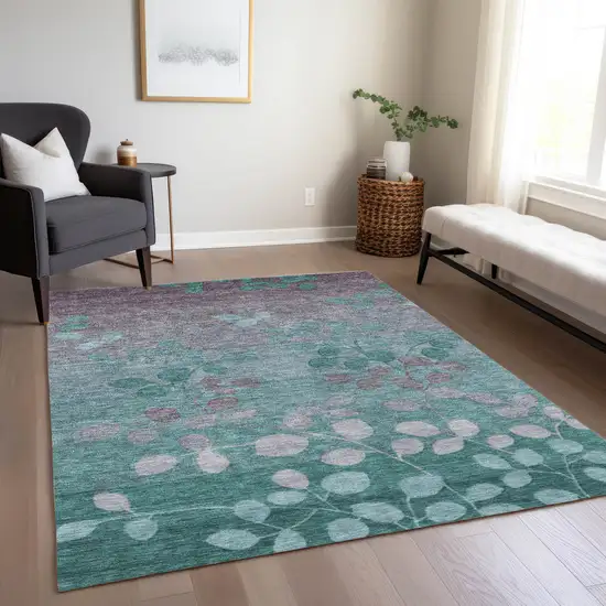 Teal Blue And Gray Floral Washable Indoor Outdoor Area Rug Photo 7