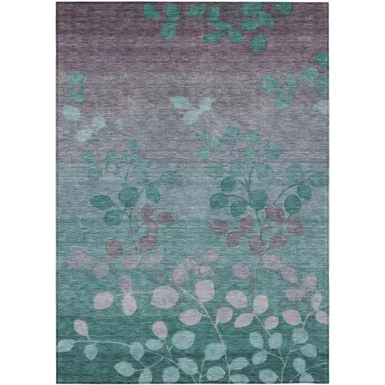 Teal Blue And Gray Floral Washable Indoor Outdoor Area Rug Photo 1