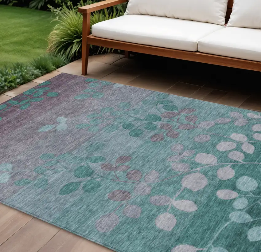 Teal Blue And Gray Floral Washable Indoor Outdoor Area Rug Photo 2