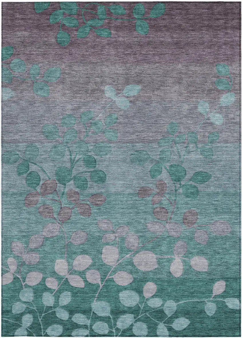 Teal Blue And Gray Floral Washable Indoor Outdoor Area Rug Photo 4