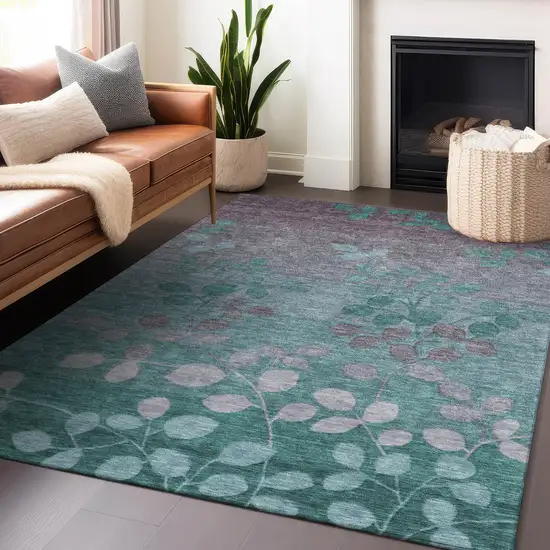 Teal Blue And Gray Floral Washable Indoor Outdoor Area Rug Photo 6
