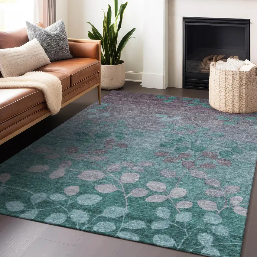 Teal Blue And Gray Floral Washable Indoor Outdoor Area Rug Photo 6