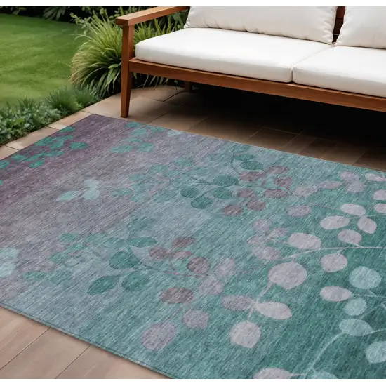 Teal Blue And Gray Floral Washable Indoor Outdoor Area Rug Photo 2