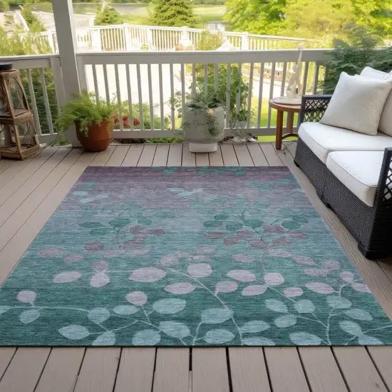 Teal Blue And Gray Floral Washable Indoor Outdoor Area Rug Photo 8