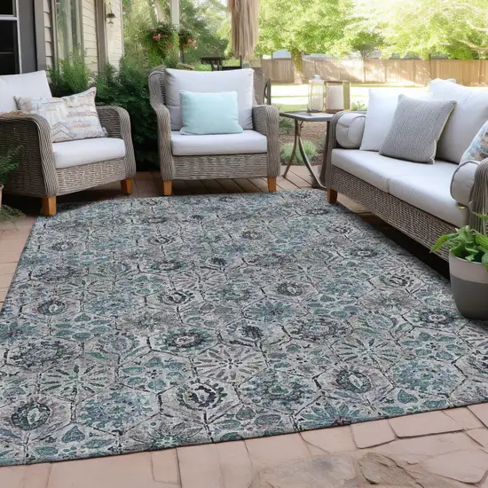 Teal Blue And Gray Floral Washable Indoor Outdoor Area Rug Photo 5