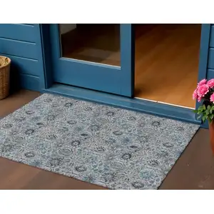 Photo of Teal Blue And Gray Floral Washable Indoor Outdoor Area Rug