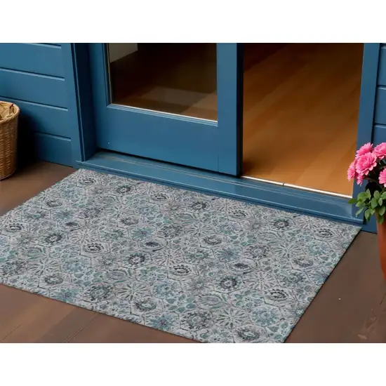 Teal Blue And Gray Floral Washable Indoor Outdoor Area Rug Photo 2