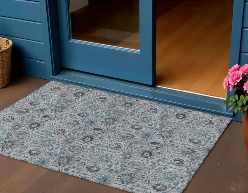 Teal Blue And Gray Floral Washable Indoor Outdoor Area Rug Photo 2