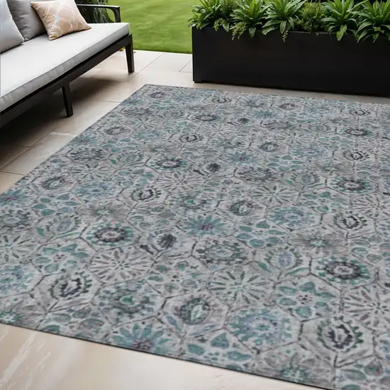 Teal Blue And Gray Floral Washable Indoor Outdoor Area Rug Photo 2