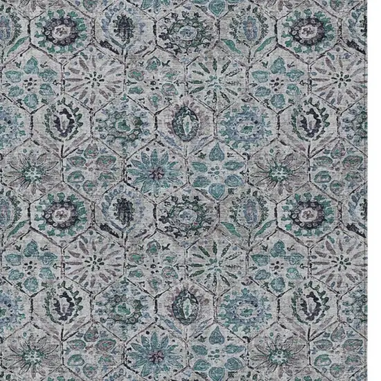 Teal Blue And Gray Floral Washable Indoor Outdoor Area Rug Photo 3