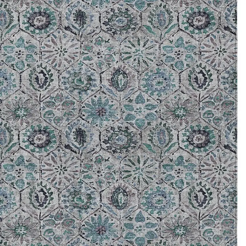 Teal Blue And Gray Floral Washable Indoor Outdoor Area Rug Photo 3