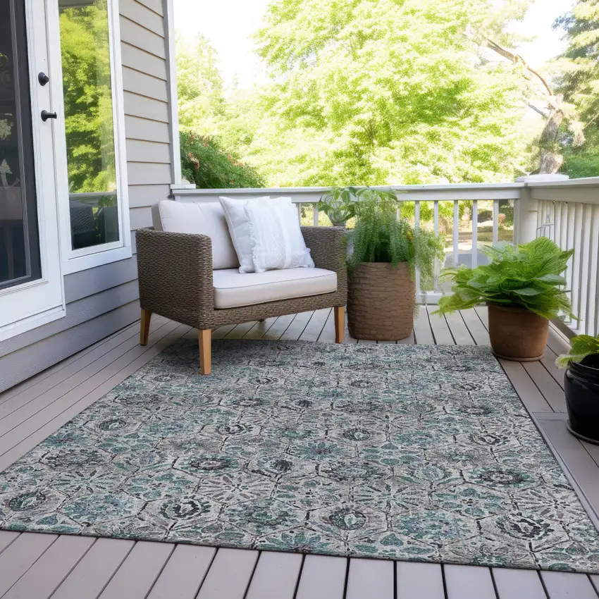 Teal Blue And Gray Floral Washable Indoor Outdoor Area Rug Photo 8