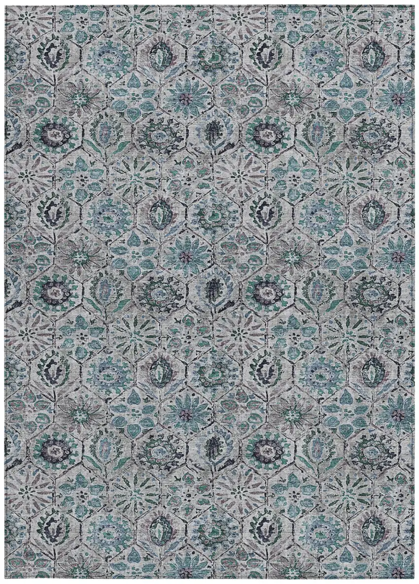 Teal Blue And Gray Floral Washable Indoor Outdoor Area Rug Photo 3