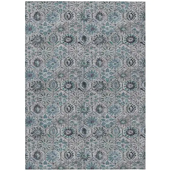 Teal Blue And Gray Floral Washable Indoor Outdoor Area Rug Photo 1