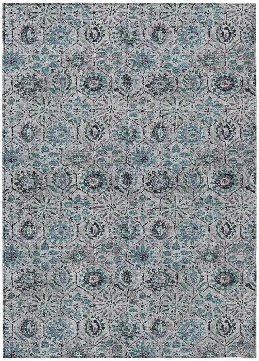 Teal Blue And Gray Floral Washable Indoor Outdoor Area Rug Photo 1