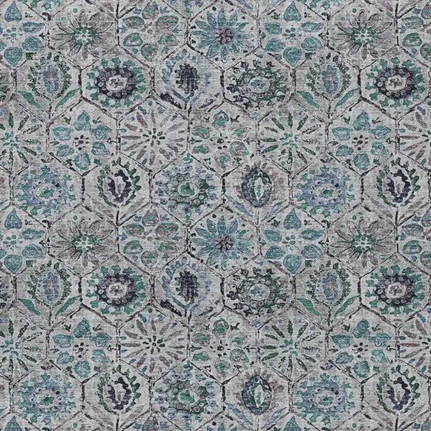 Teal Blue And Gray Floral Washable Indoor Outdoor Area Rug Photo 4