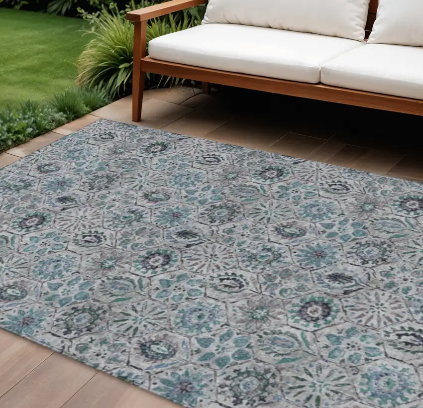 Teal Blue And Gray Floral Washable Indoor Outdoor Area Rug Photo 2