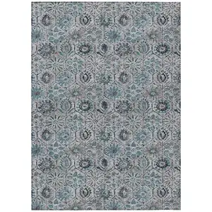 Photo of Teal Blue And Gray Floral Washable Indoor Outdoor Area Rug