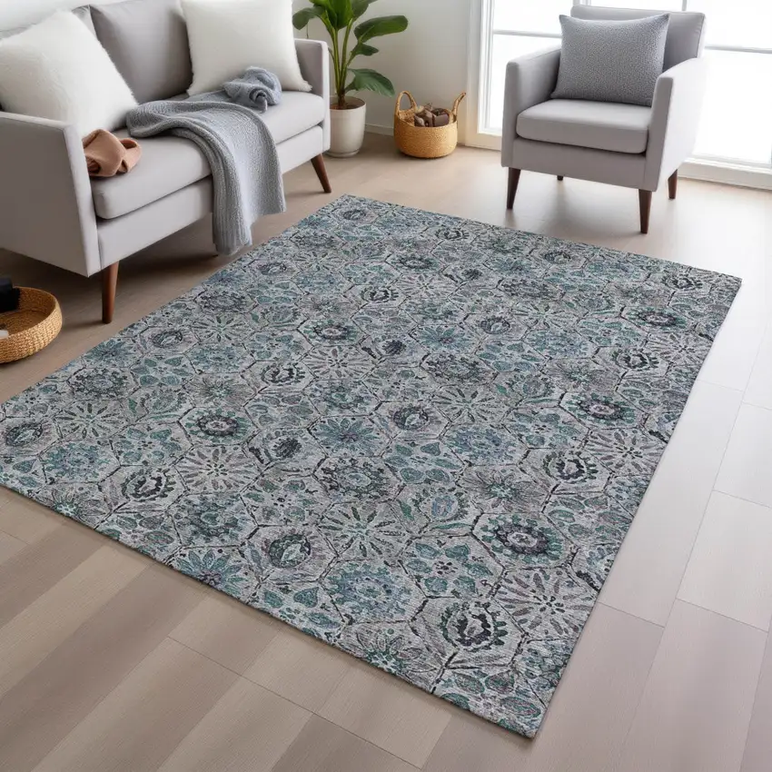 Teal Blue And Gray Floral Washable Indoor Outdoor Area Rug Photo 6