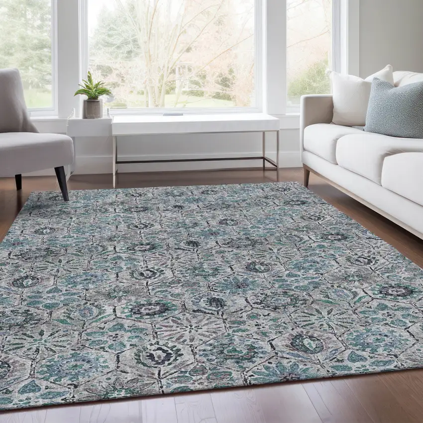 Teal Blue And Gray Floral Washable Indoor Outdoor Area Rug Photo 7