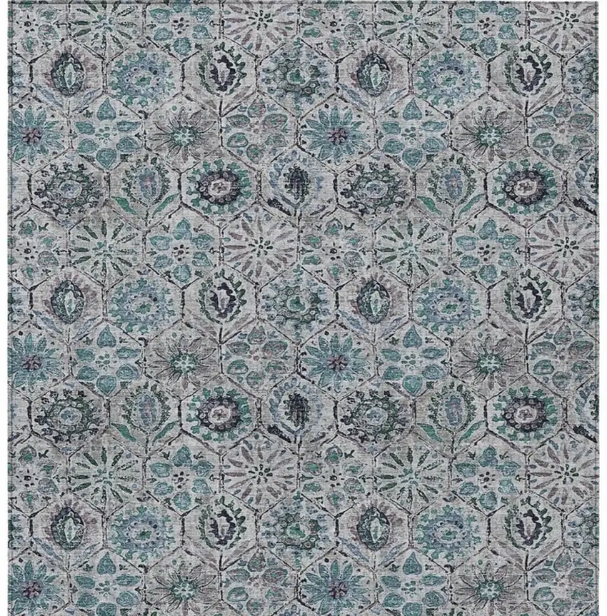 Teal Blue And Gray Floral Washable Indoor Outdoor Area Rug Photo 4