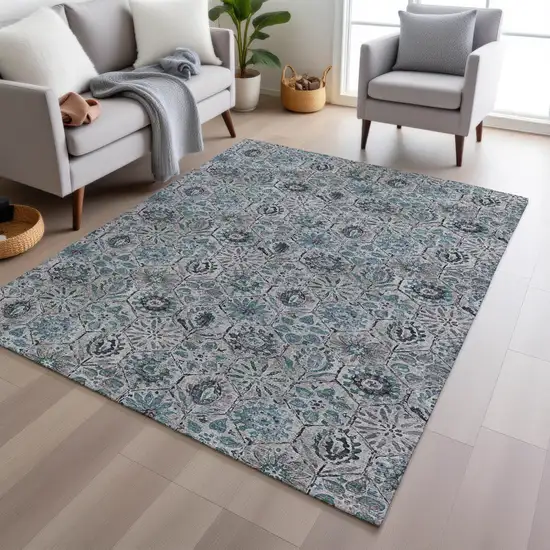 Teal Blue And Gray Floral Washable Indoor Outdoor Area Rug Photo 6