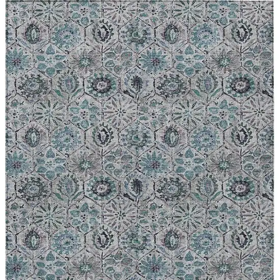 Teal Blue And Gray Floral Washable Indoor Outdoor Area Rug Photo 4