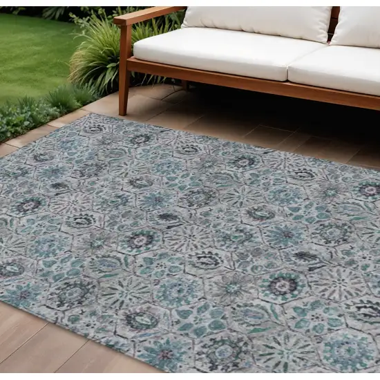 Teal Blue And Gray Floral Washable Indoor Outdoor Area Rug Photo 2