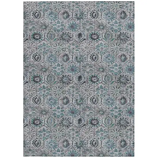 Teal Blue And Gray Floral Washable Indoor Outdoor Area Rug Photo 3