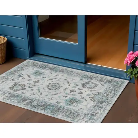 Teal Blue And Gray Floral Washable Indoor Outdoor Area Rug Photo 2