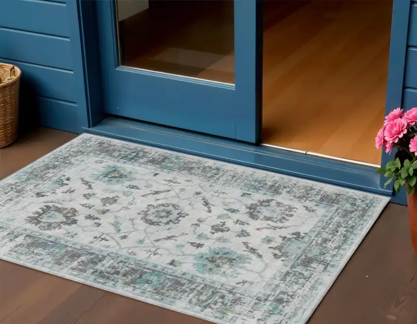 Teal Blue And Gray Floral Washable Indoor Outdoor Area Rug Photo 2