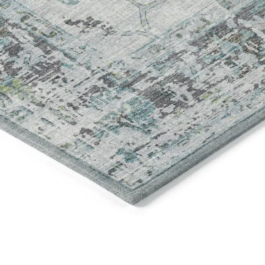 Teal Blue And Gray Floral Washable Indoor Outdoor Area Rug Photo 9