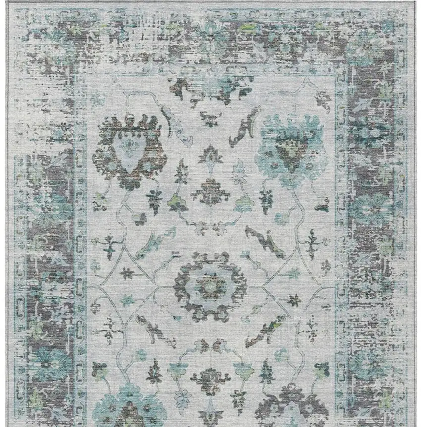 Teal Blue And Gray Floral Washable Indoor Outdoor Area Rug Photo 4