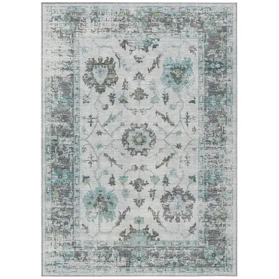 Teal Blue And Gray Floral Washable Indoor Outdoor Area Rug Photo 1