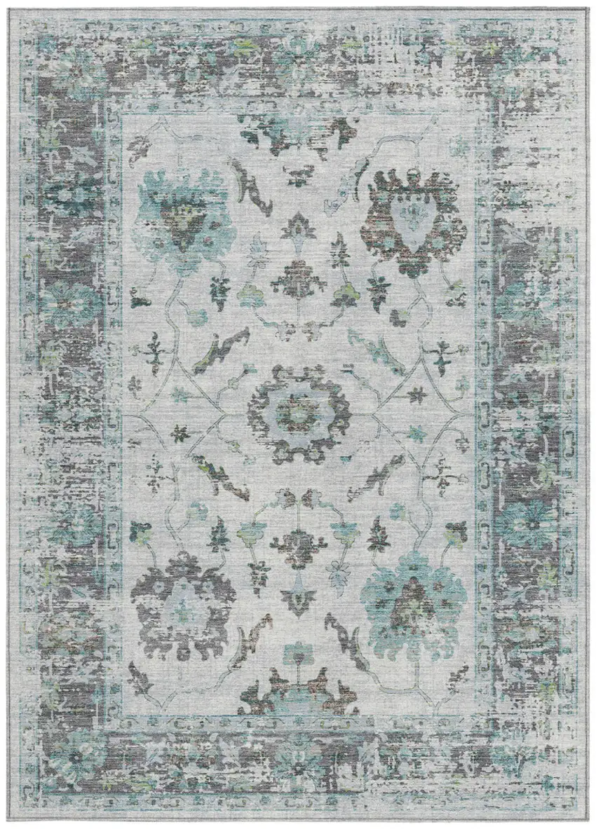 Teal Blue And Gray Floral Washable Indoor Outdoor Area Rug Photo 3