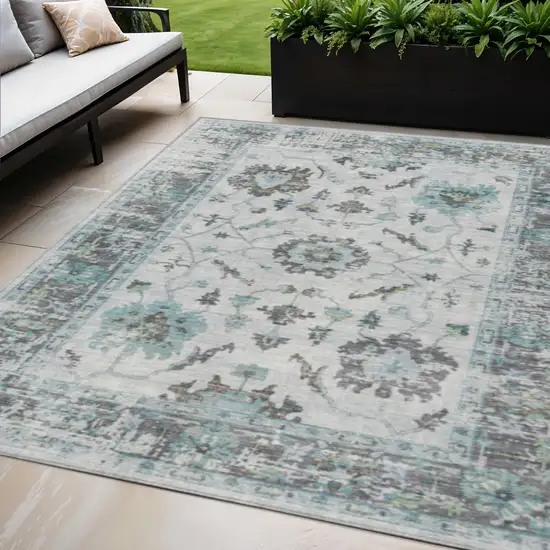 Teal Blue And Gray Floral Washable Indoor Outdoor Area Rug Photo 2