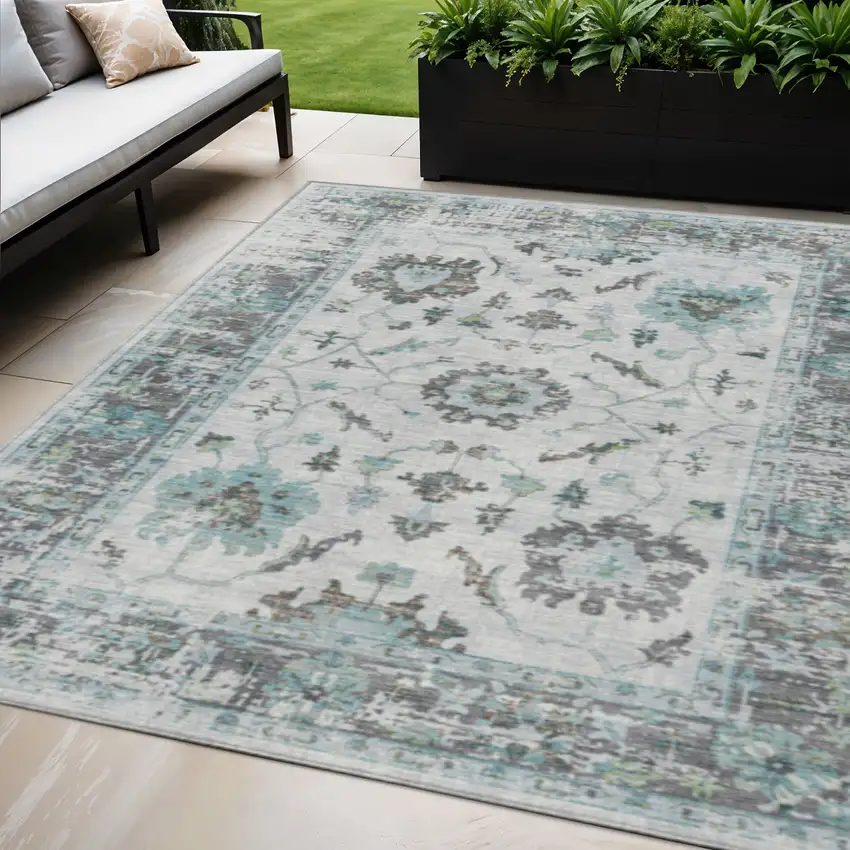 Teal Blue And Gray Floral Washable Indoor Outdoor Area Rug Photo 2