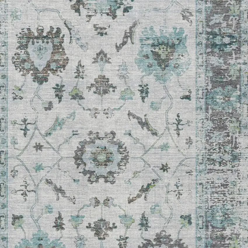 Teal Blue And Gray Floral Washable Indoor Outdoor Area Rug Photo 3