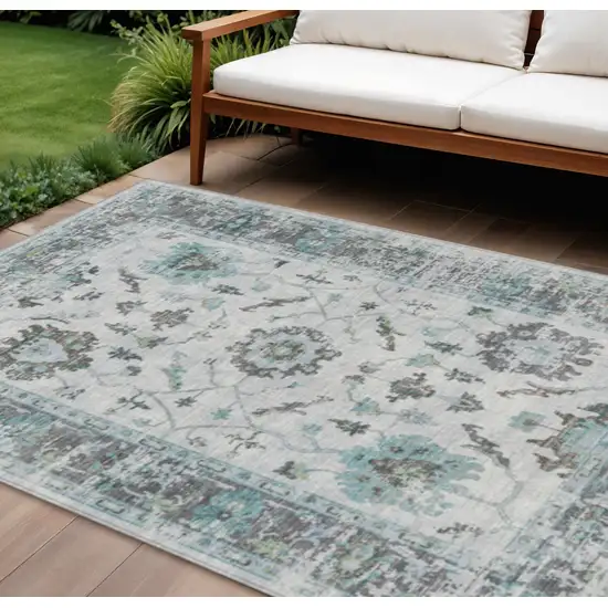 Teal Blue And Gray Floral Washable Indoor Outdoor Area Rug Photo 2