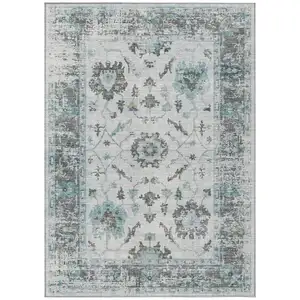 Photo of Teal Blue And Gray Floral Washable Indoor Outdoor Area Rug