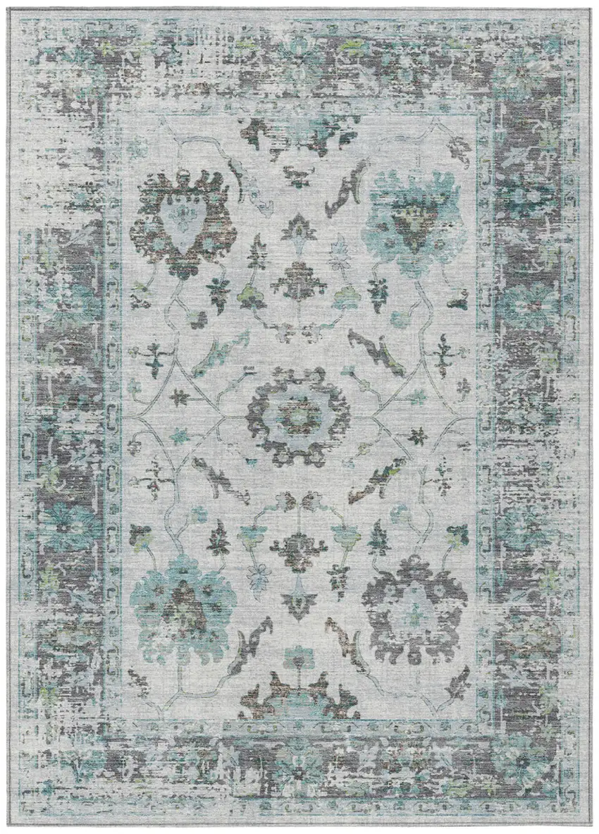 Teal Blue And Gray Floral Washable Indoor Outdoor Area Rug Photo 1